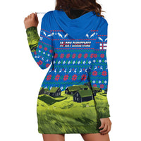 Faroe Islands Christmas Hoodie Dress with Santa Riding Sheep Grass Roof Houses and Blue Nordic Pattern Design - Wonder Print Shop