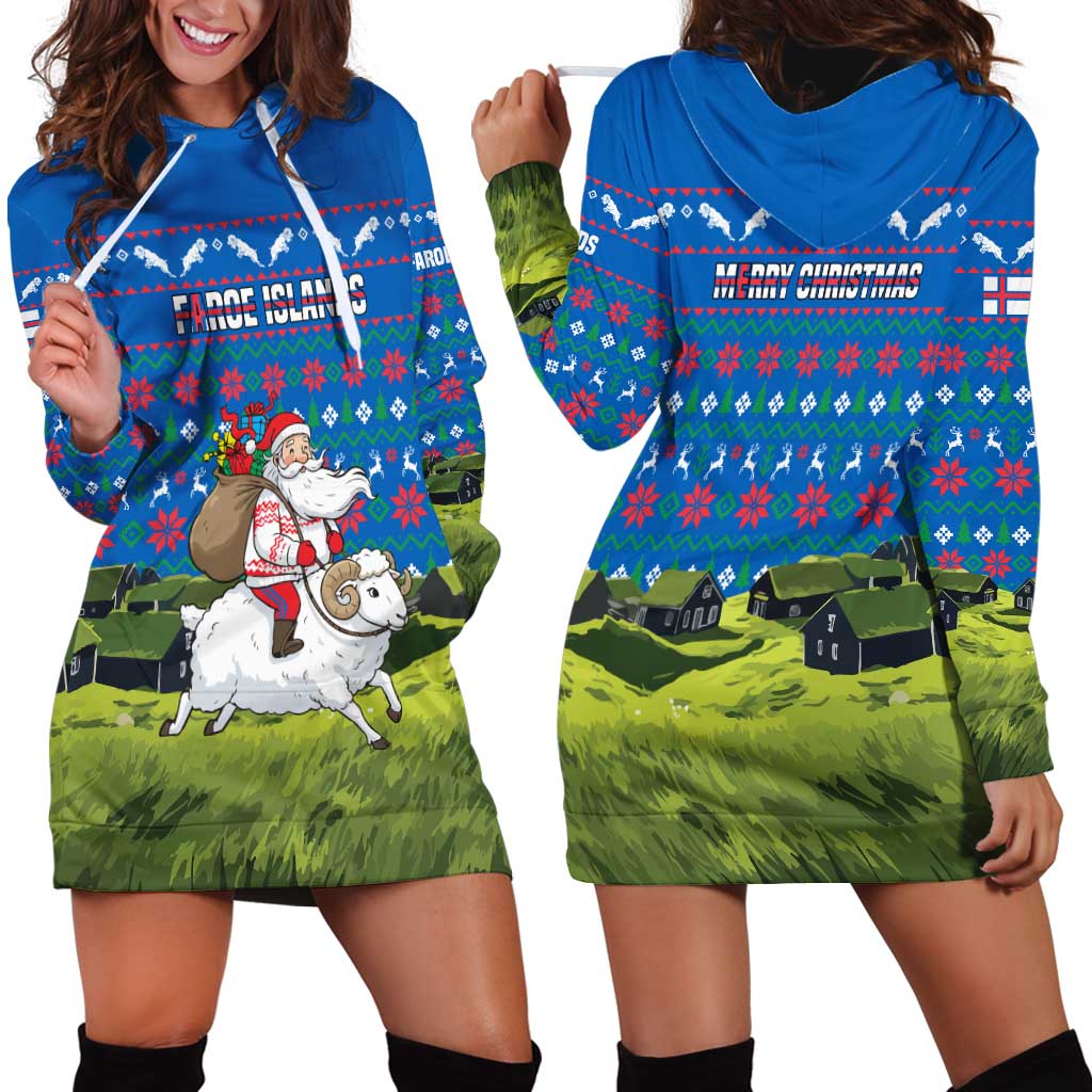 Faroe Islands Christmas Hoodie Dress with Santa Riding Sheep Grass Roof Houses and Blue Nordic Pattern Design - Wonder Print Shop