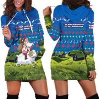 Faroe Islands Christmas Hoodie Dress with Santa Riding Sheep Grass Roof Houses and Blue Nordic Pattern Design - Wonder Print Shop