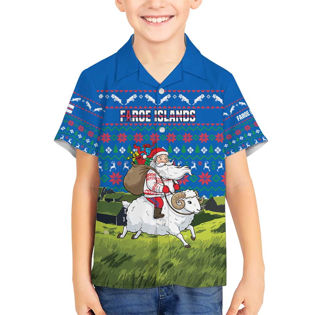 Faroe Islands Christmas Kid Hawaiian Shirt with Santa Riding Sheep Grass Roof Houses and Blue Nordic Pattern Design - Wonder Print Shop