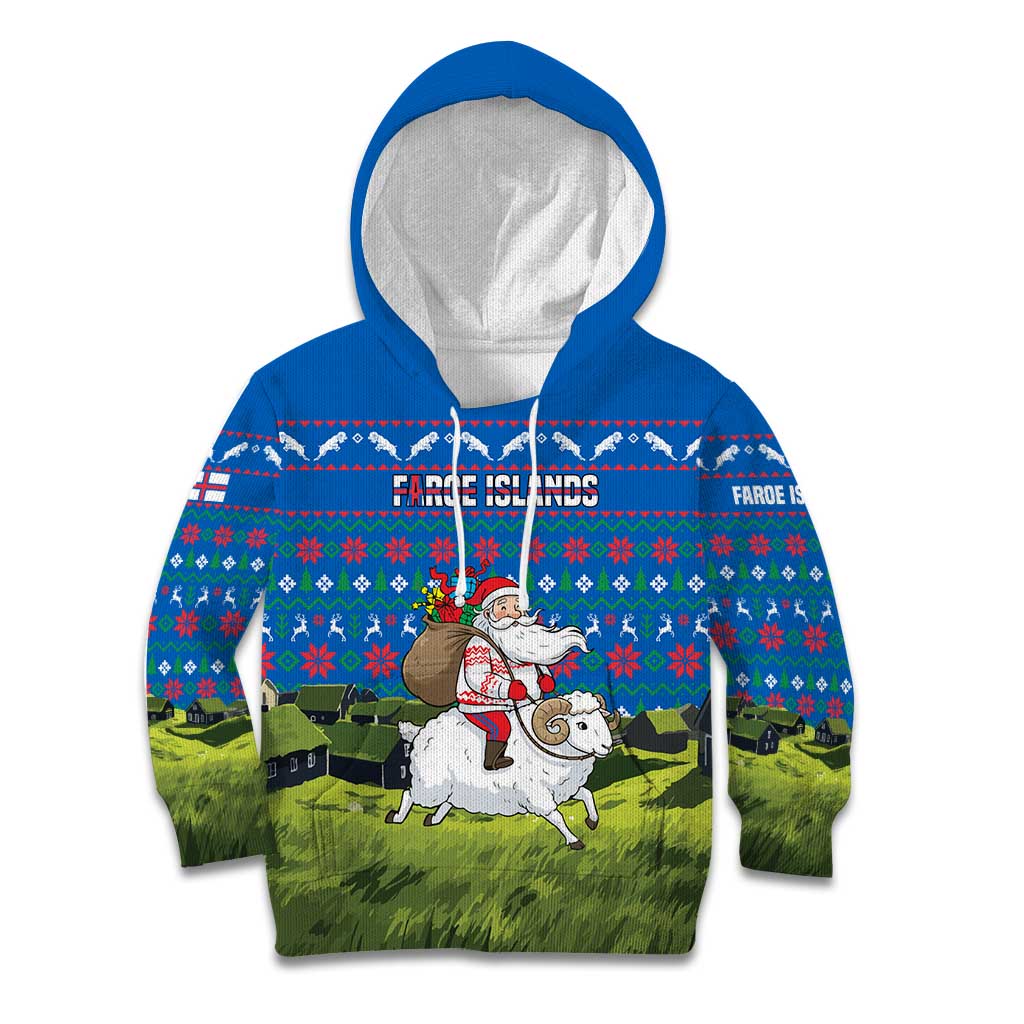 Faroe Islands Christmas Kid Hoodie with Santa Riding Sheep Grass Roof Houses and Blue Nordic Pattern Design - Wonder Print Shop