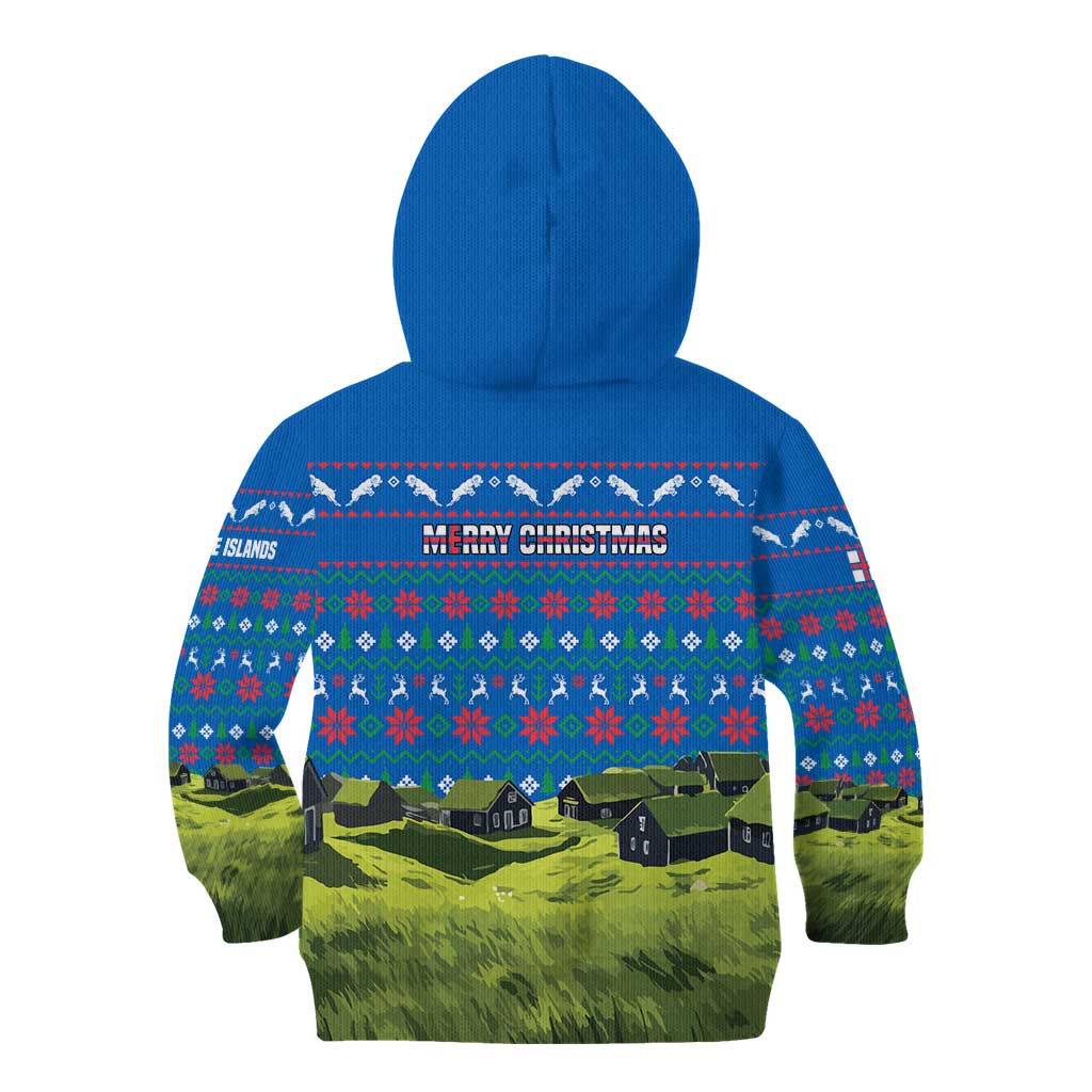 Faroe Islands Christmas Kid Hoodie with Santa Riding Sheep Grass Roof Houses and Blue Nordic Pattern Design - Wonder Print Shop