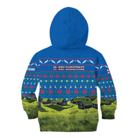 Faroe Islands Christmas Kid Hoodie with Santa Riding Sheep Grass Roof Houses and Blue Nordic Pattern Design - Wonder Print Shop