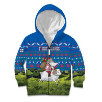 Faroe Islands Christmas Kid Hoodie with Santa Riding Sheep Grass Roof Houses and Blue Nordic Pattern Design - Wonder Print Shop