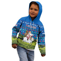 Faroe Islands Christmas Kid Hoodie with Santa Riding Sheep Grass Roof Houses and Blue Nordic Pattern Design - Wonder Print Shop