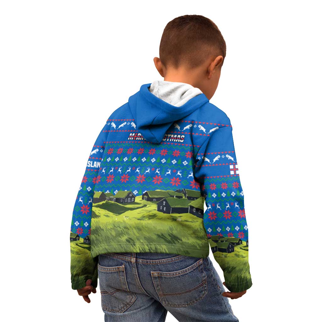 Faroe Islands Christmas Kid Hoodie with Santa Riding Sheep Grass Roof Houses and Blue Nordic Pattern Design - Wonder Print Shop