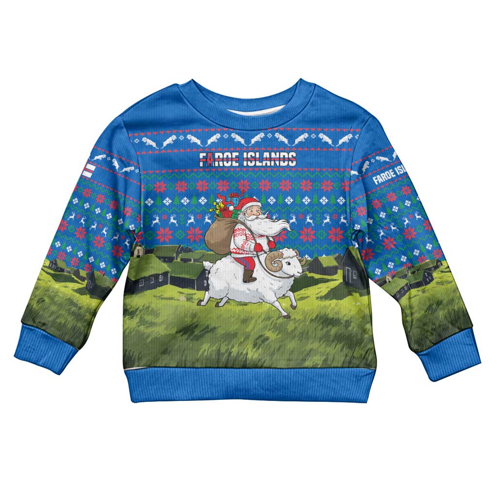 Faroe Islands Christmas Kid Ugly Christmas Sweater with Santa Riding Sheep Grass Roof Houses and Blue Nordic Pattern Design - Wonder Print Shop