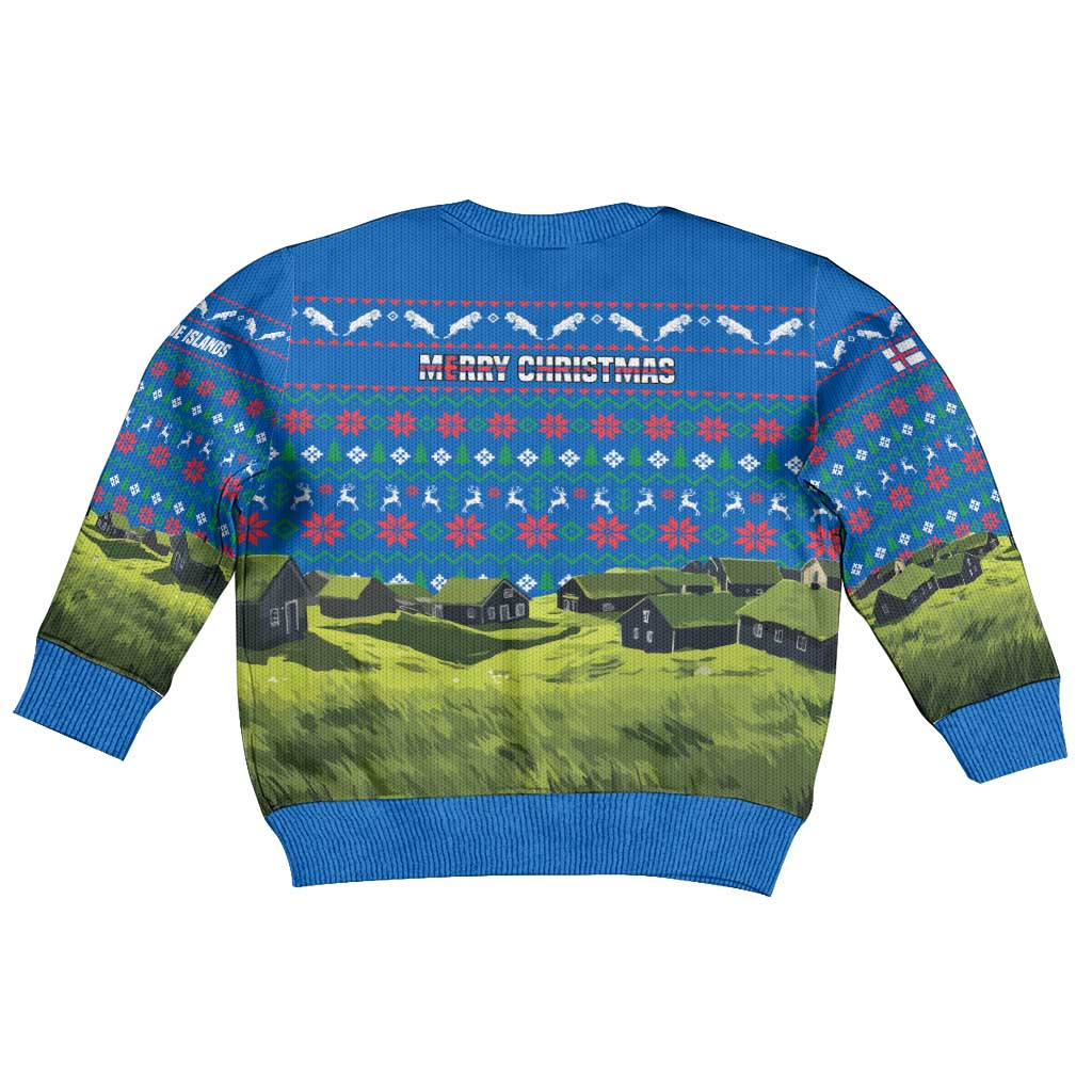 Faroe Islands Christmas Kid Ugly Christmas Sweater with Santa Riding Sheep Grass Roof Houses and Blue Nordic Pattern Design - Wonder Print Shop