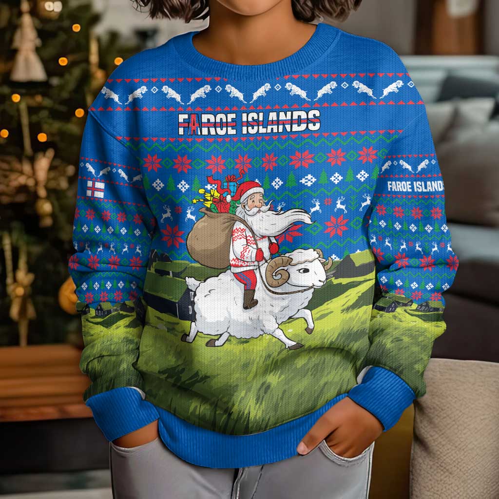 Faroe Islands Christmas Kid Ugly Christmas Sweater with Santa Riding Sheep Grass Roof Houses and Blue Nordic Pattern Design - Wonder Print Shop