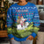 Faroe Islands Christmas Kid Ugly Christmas Sweater with Santa Riding Sheep Grass Roof Houses and Blue Nordic Pattern Design - Wonder Print Shop