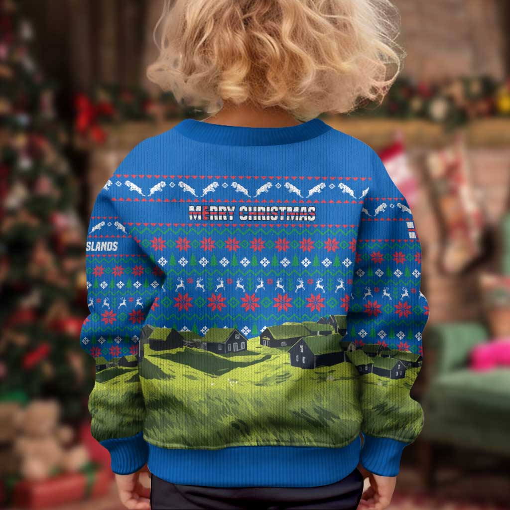 Faroe Islands Christmas Kid Ugly Christmas Sweater with Santa Riding Sheep Grass Roof Houses and Blue Nordic Pattern Design - Wonder Print Shop