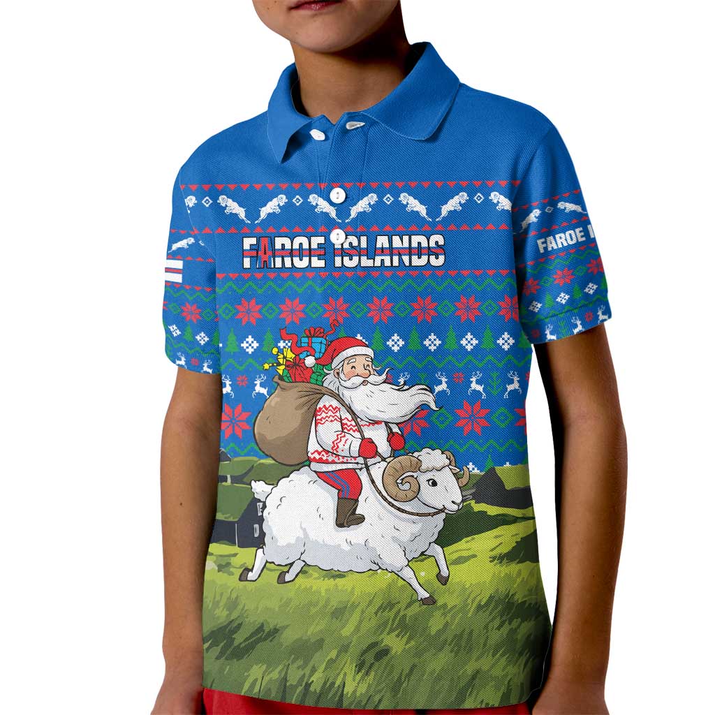 Faroe Islands Christmas Kid Polo Shirt with Santa Riding Sheep Grass Roof Houses and Blue Nordic Pattern Design - Wonder Print Shop