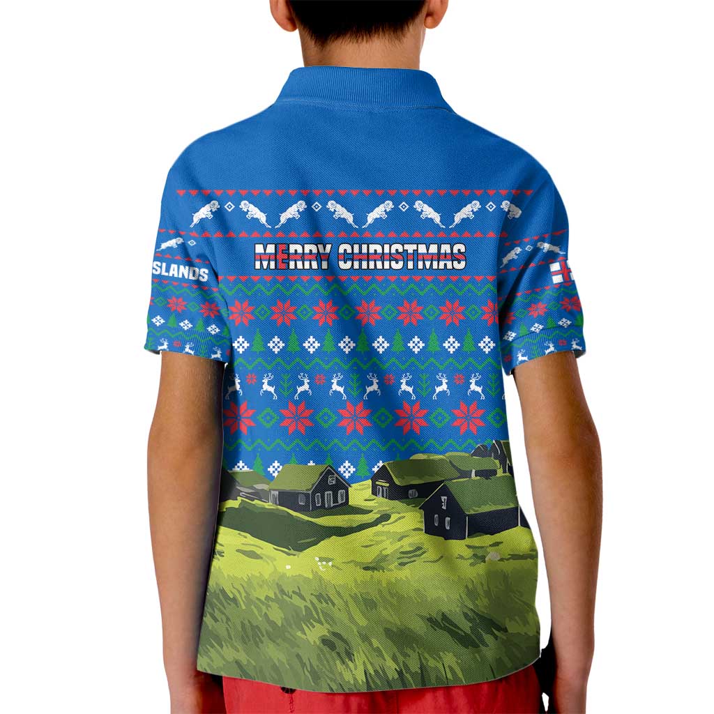 Faroe Islands Christmas Kid Polo Shirt with Santa Riding Sheep Grass Roof Houses and Blue Nordic Pattern Design - Wonder Print Shop