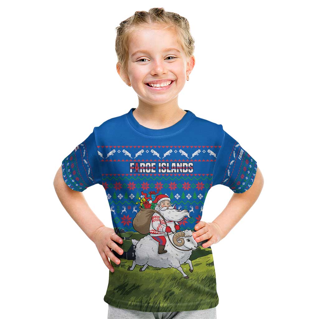 Faroe Islands Christmas Kid T Shirt with Santa Riding Sheep Grass Roof Houses and Blue Nordic Pattern Design - Wonder Print Shop