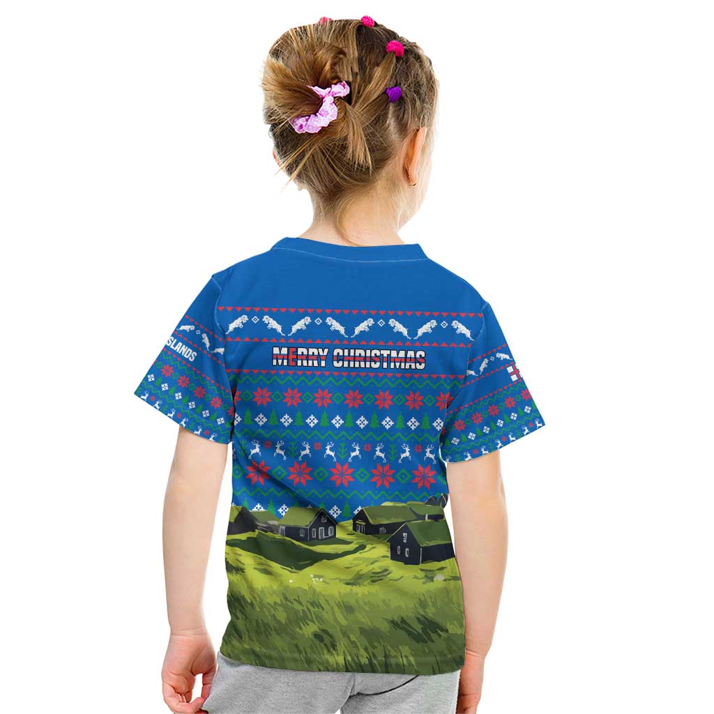 Faroe Islands Christmas Kid T Shirt with Santa Riding Sheep Grass Roof Houses and Blue Nordic Pattern Design - Wonder Print Shop