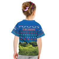 Faroe Islands Christmas Kid T Shirt with Santa Riding Sheep Grass Roof Houses and Blue Nordic Pattern Design - Wonder Print Shop