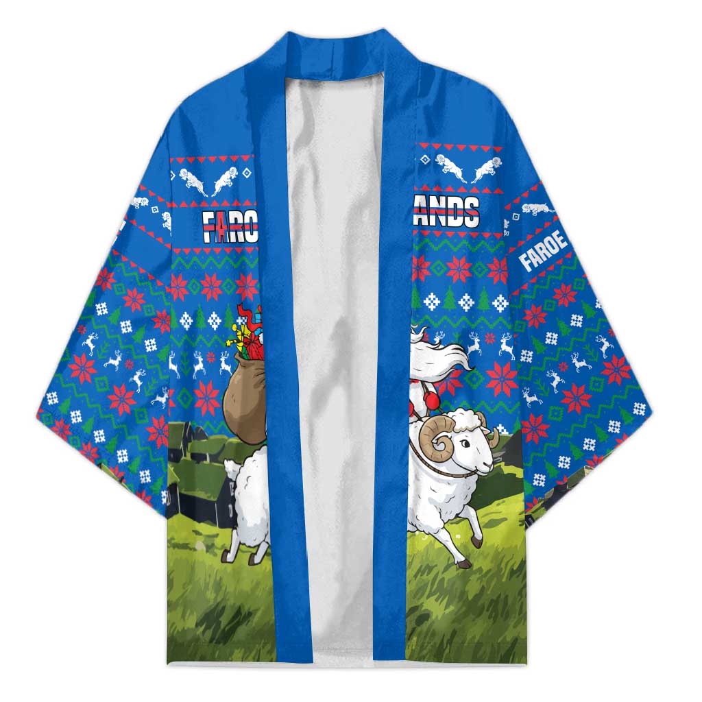 Faroe Islands Christmas Kimono with Santa Riding Sheep Grass Roof Houses and Blue Nordic Pattern Design - Wonder Print Shop
