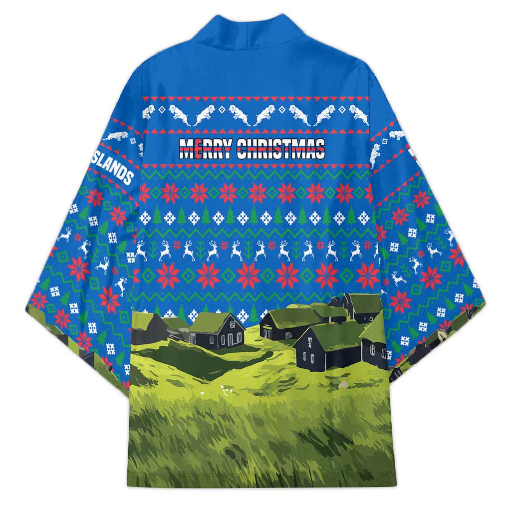 Faroe Islands Christmas Kimono with Santa Riding Sheep Grass Roof Houses and Blue Nordic Pattern Design - Wonder Print Shop