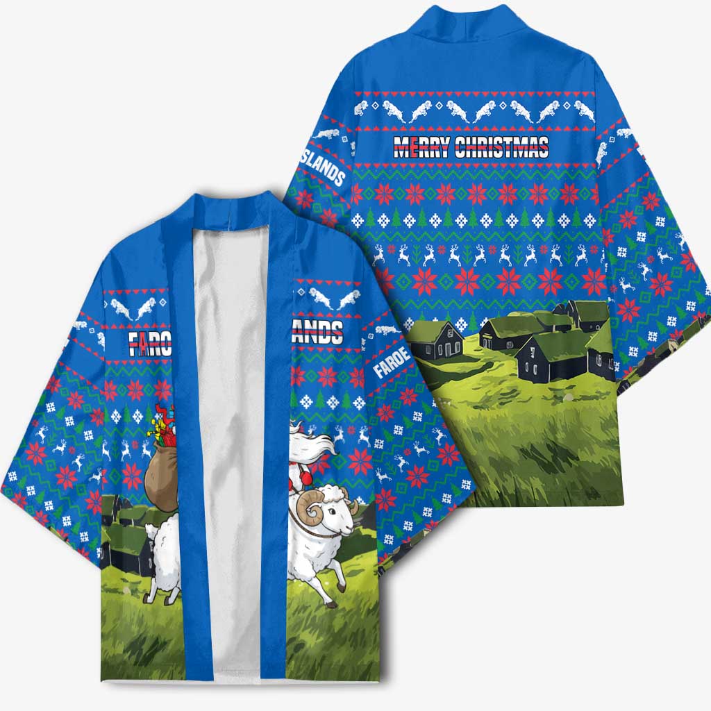 Faroe Islands Christmas Kimono with Santa Riding Sheep Grass Roof Houses and Blue Nordic Pattern Design - Wonder Print Shop