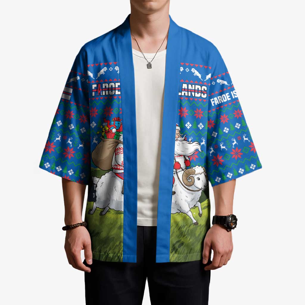 Faroe Islands Christmas Kimono with Santa Riding Sheep Grass Roof Houses and Blue Nordic Pattern Design - Wonder Print Shop