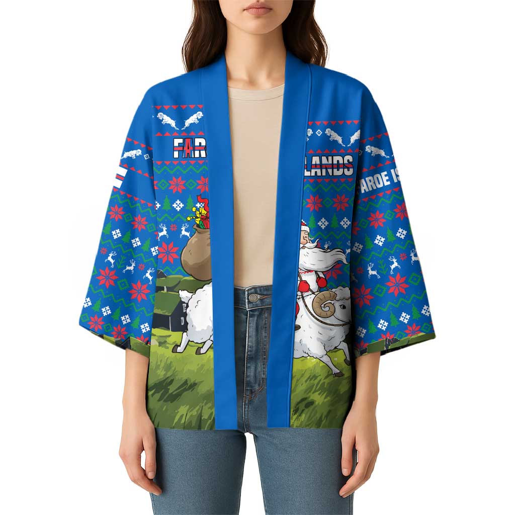 Faroe Islands Christmas Kimono with Santa Riding Sheep Grass Roof Houses and Blue Nordic Pattern Design - Wonder Print Shop