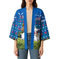 Faroe Islands Christmas Kimono with Santa Riding Sheep Grass Roof Houses and Blue Nordic Pattern Design - Wonder Print Shop