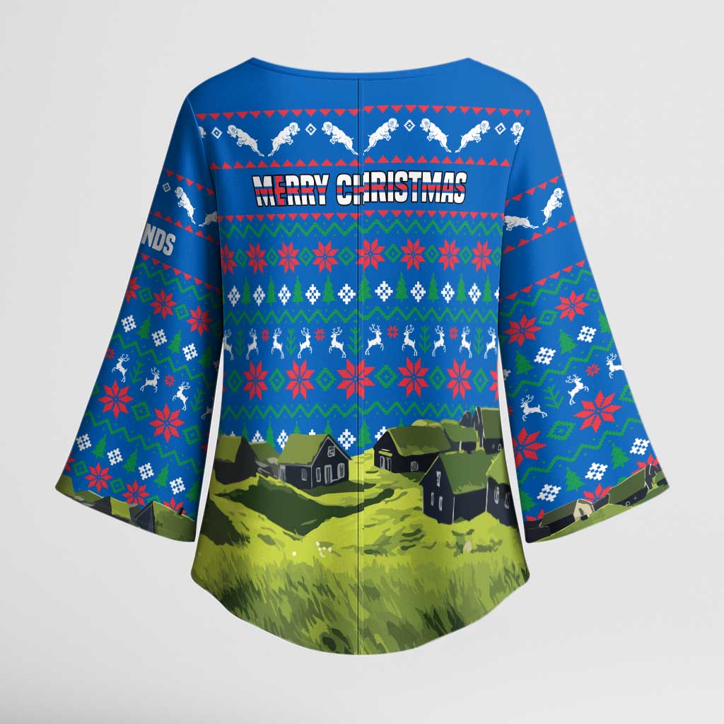 Faroe Islands Christmas Kimono Sleeve Blouse with Santa Riding Sheep Grass Roof Houses and Blue Nordic Pattern Design - Wonder Print Shop