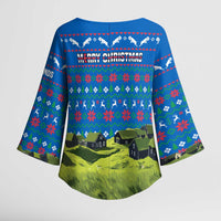 Faroe Islands Christmas Kimono Sleeve Blouse with Santa Riding Sheep Grass Roof Houses and Blue Nordic Pattern Design - Wonder Print Shop