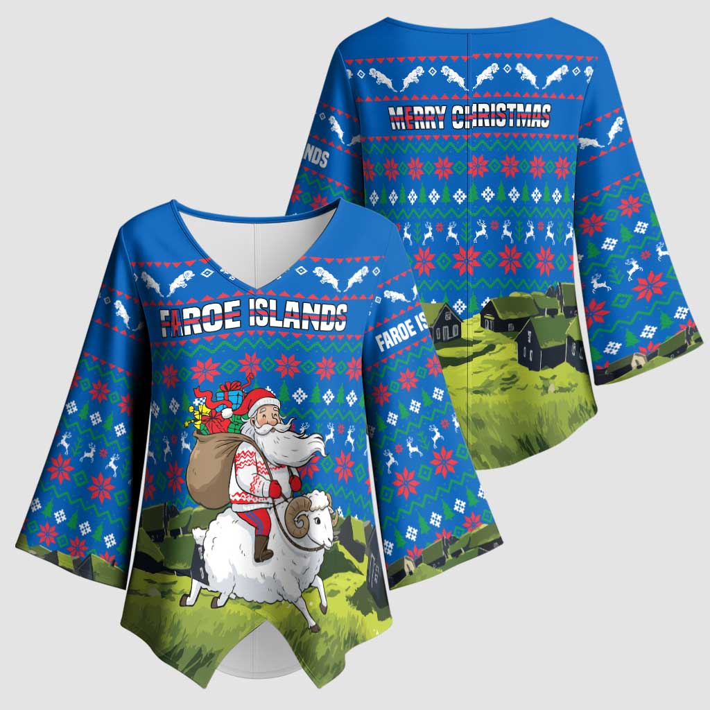 Faroe Islands Christmas Kimono Sleeve Blouse with Santa Riding Sheep Grass Roof Houses and Blue Nordic Pattern Design - Wonder Print Shop