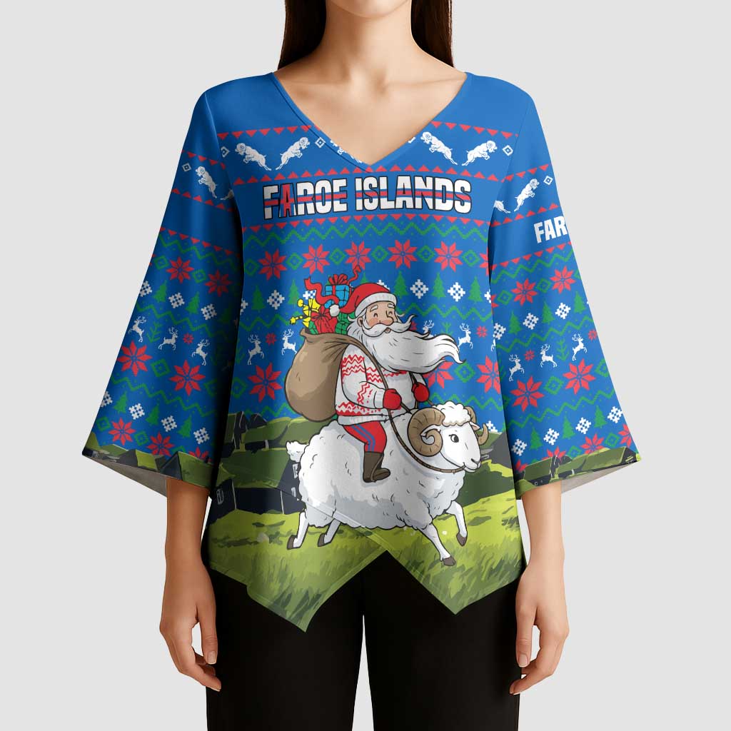Faroe Islands Christmas Kimono Sleeve Blouse with Santa Riding Sheep Grass Roof Houses and Blue Nordic Pattern Design - Wonder Print Shop