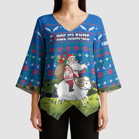 Faroe Islands Christmas Kimono Sleeve Blouse with Santa Riding Sheep Grass Roof Houses and Blue Nordic Pattern Design - Wonder Print Shop