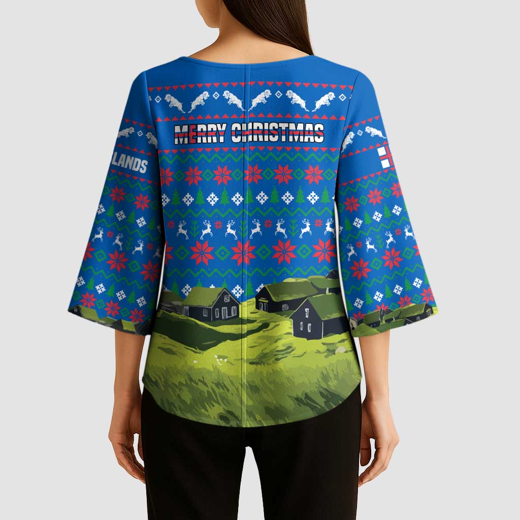 Faroe Islands Christmas Kimono Sleeve Blouse with Santa Riding Sheep Grass Roof Houses and Blue Nordic Pattern Design - Wonder Print Shop