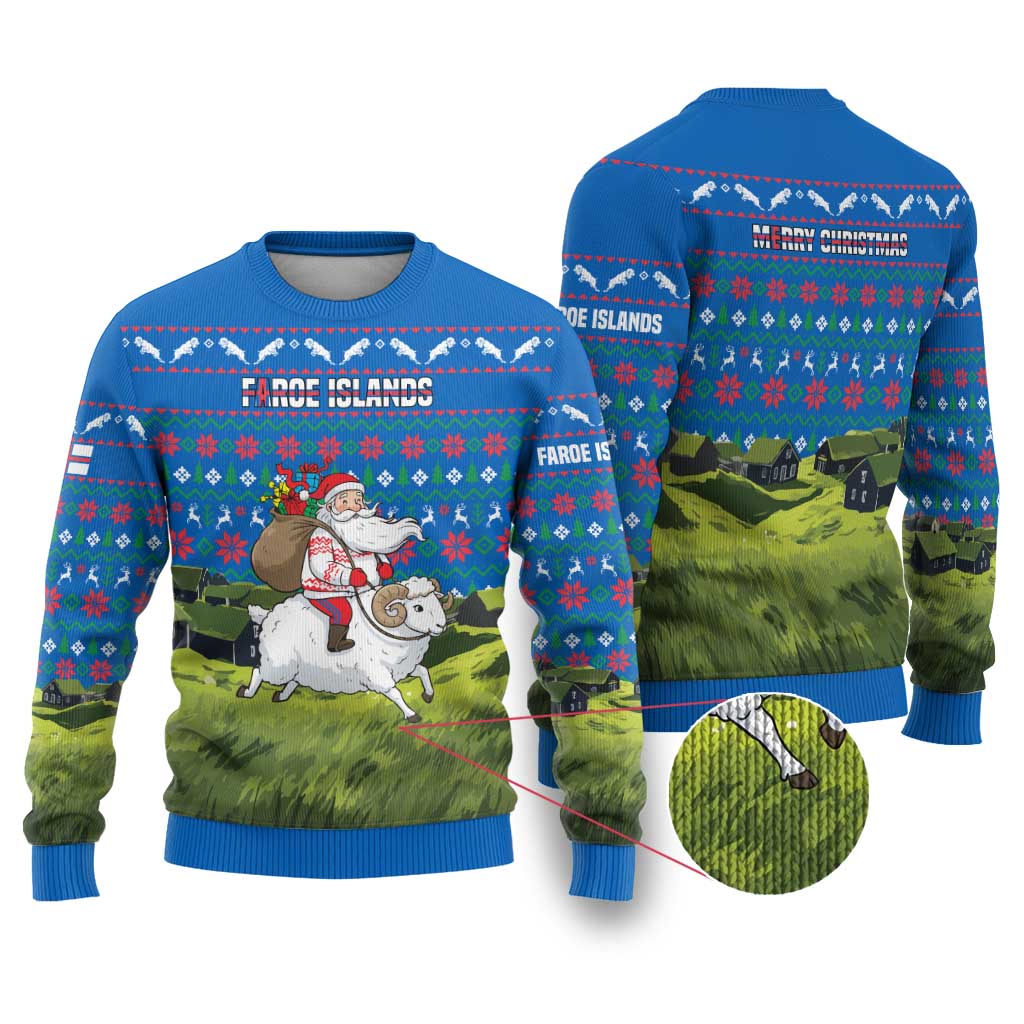 Faroe Islands Christmas Ugly Christmas Sweater with Santa Riding Sheep Grass Roof Houses and Blue Nordic Pattern Design - Wonder Print Shop