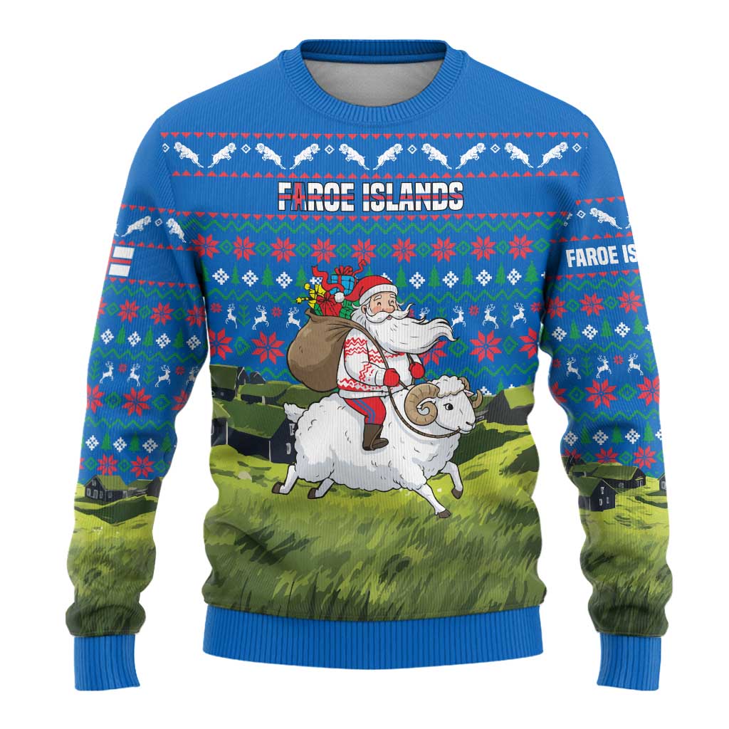 Faroe Islands Christmas Ugly Christmas Sweater with Santa Riding Sheep Grass Roof Houses and Blue Nordic Pattern Design - Wonder Print Shop