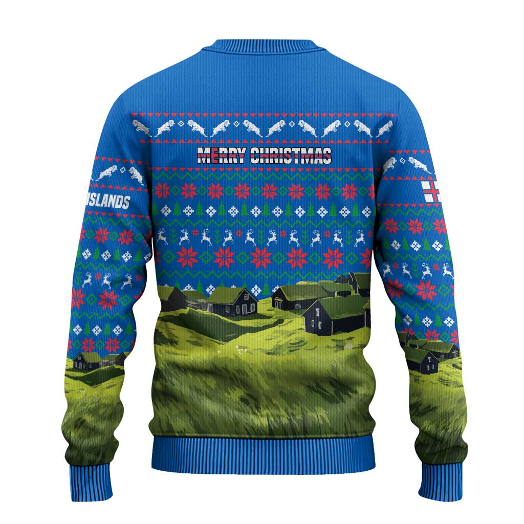 Faroe Islands Christmas Ugly Christmas Sweater with Santa Riding Sheep Grass Roof Houses and Blue Nordic Pattern Design - Wonder Print Shop