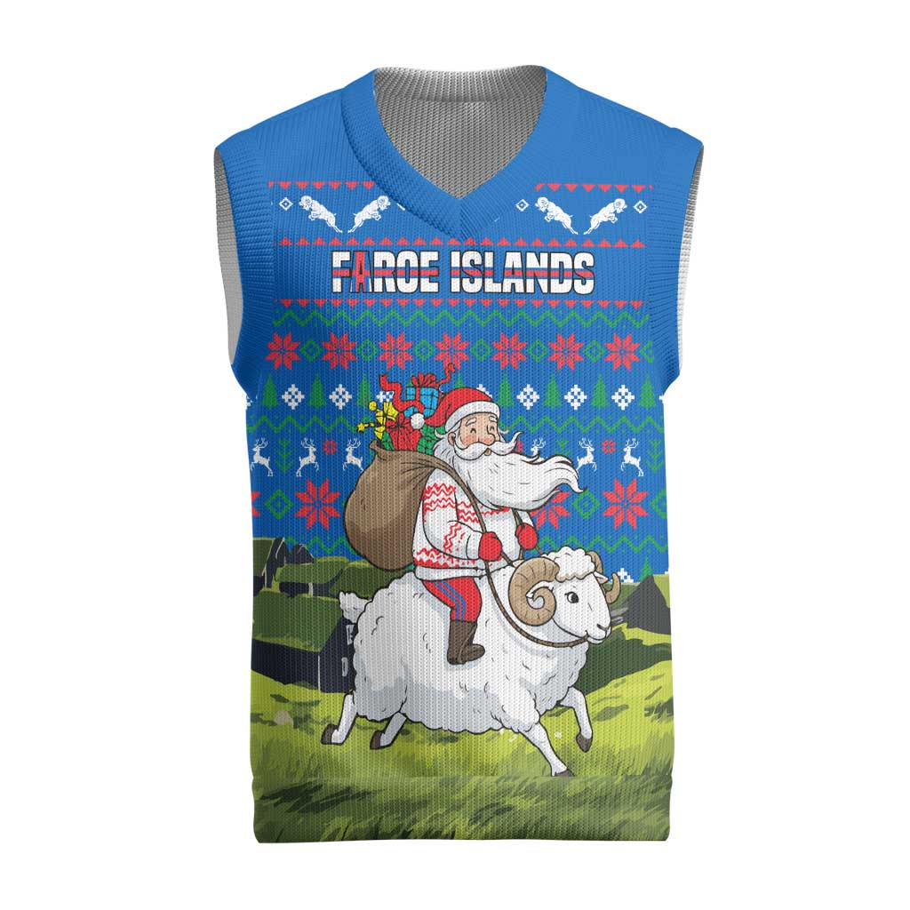 Faroe Islands Christmas Knitted V-Neck Vest with Santa Riding Sheep Grass Roof Houses and Blue Nordic Pattern Design - Wonder Print Shop