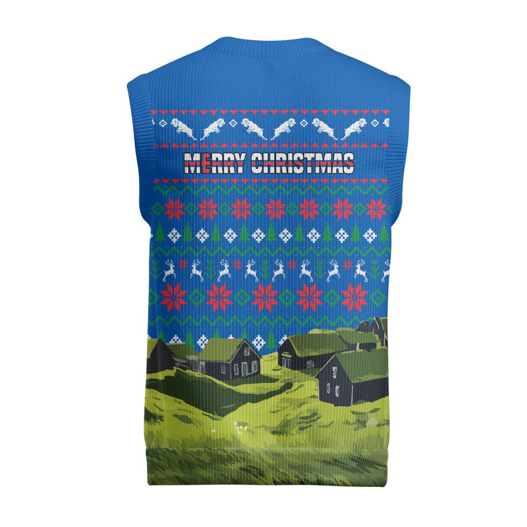 Faroe Islands Christmas Knitted V-Neck Vest with Santa Riding Sheep Grass Roof Houses and Blue Nordic Pattern Design - Wonder Print Shop
