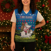 Faroe Islands Christmas Knitted V-Neck Vest with Santa Riding Sheep Grass Roof Houses and Blue Nordic Pattern Design - Wonder Print Shop