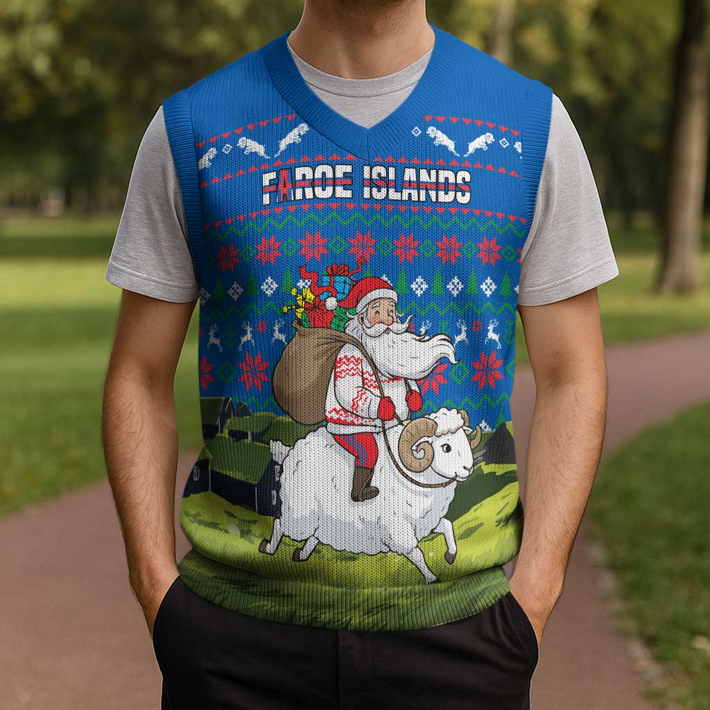 Faroe Islands Christmas Knitted V-Neck Vest with Santa Riding Sheep Grass Roof Houses and Blue Nordic Pattern Design - Wonder Print Shop