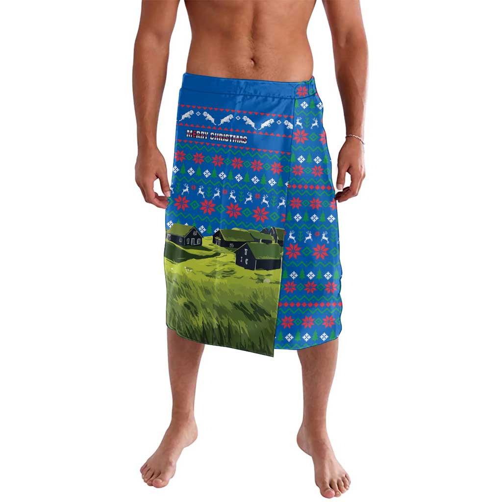 Faroe Islands Christmas Lavalava with Santa Riding Sheep Grass Roof Houses and Blue Nordic Pattern Design - Wonder Print Shop