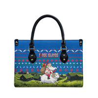 Faroe Islands Christmas Leather Bag with Santa Riding Sheep Grass Roof Houses and Blue Nordic Pattern Design - Wonder Print Shop