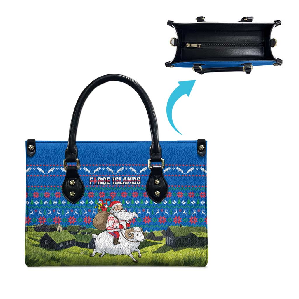 Faroe Islands Christmas Leather Bag with Santa Riding Sheep Grass Roof Houses and Blue Nordic Pattern Design - Wonder Print Shop