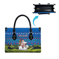 Faroe Islands Christmas Leather Bag with Santa Riding Sheep Grass Roof Houses and Blue Nordic Pattern Design - Wonder Print Shop