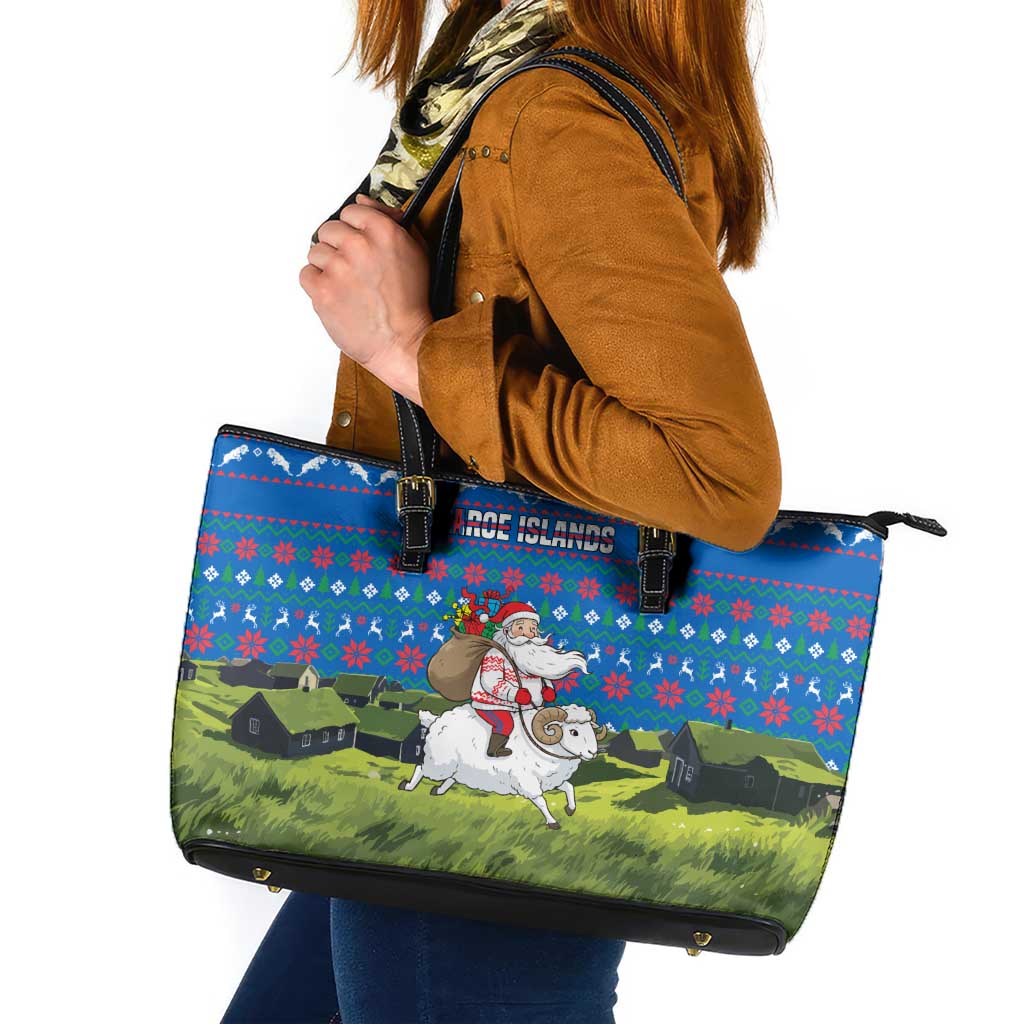 Faroe Islands Christmas Leather Tote Bag with Santa Riding Sheep Grass Roof Houses and Blue Nordic Pattern Design - Wonder Print Shop