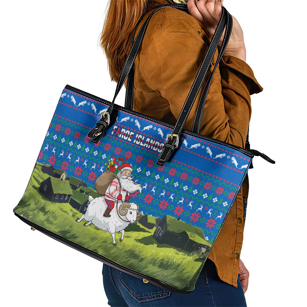 Faroe Islands Christmas Leather Tote Bag with Santa Riding Sheep Grass Roof Houses and Blue Nordic Pattern Design - Wonder Print Shop
