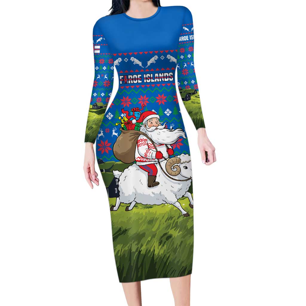 Faroe Islands Christmas Long Sleeve Bodycon Dress with Santa Riding Sheep Grass Roof Houses and Blue Nordic Pattern Design - Wonder Print Shop