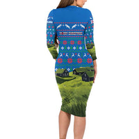 Faroe Islands Christmas Long Sleeve Bodycon Dress with Santa Riding Sheep Grass Roof Houses and Blue Nordic Pattern Design - Wonder Print Shop