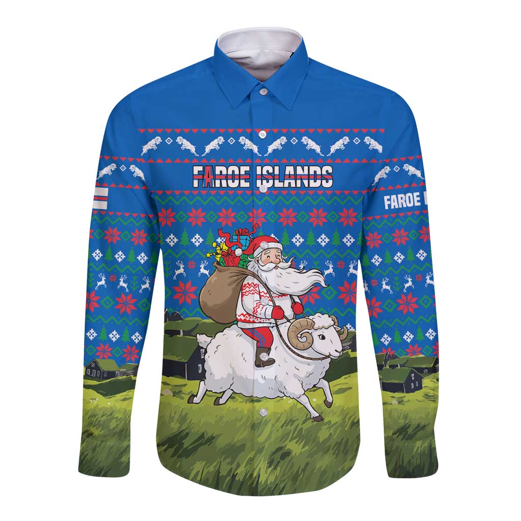 Faroe Islands Christmas Long Sleeve Button Shirt with Santa Riding Sheep Grass Roof Houses and Blue Nordic Pattern Design - Wonder Print Shop