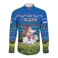Faroe Islands Christmas Long Sleeve Button Shirt with Santa Riding Sheep Grass Roof Houses and Blue Nordic Pattern Design - Wonder Print Shop