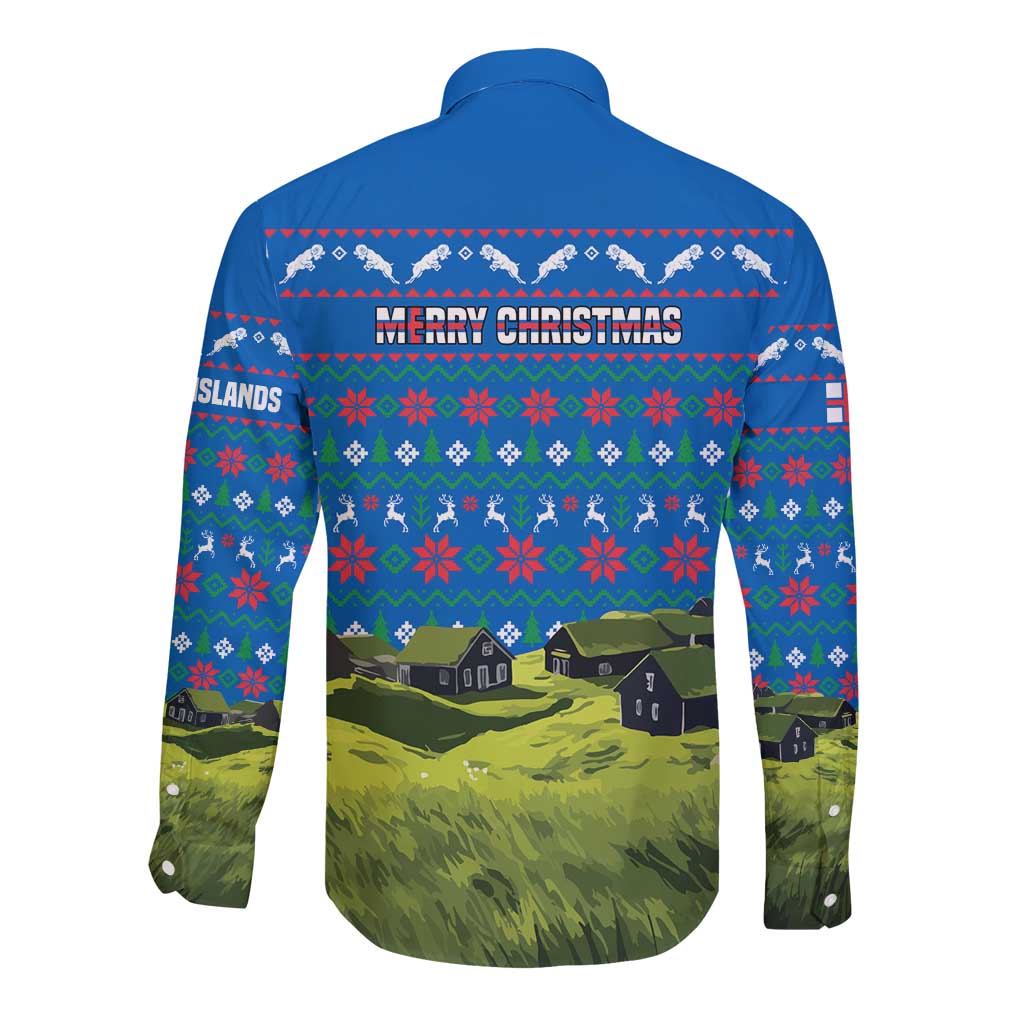 Faroe Islands Christmas Long Sleeve Button Shirt with Santa Riding Sheep Grass Roof Houses and Blue Nordic Pattern Design - Wonder Print Shop